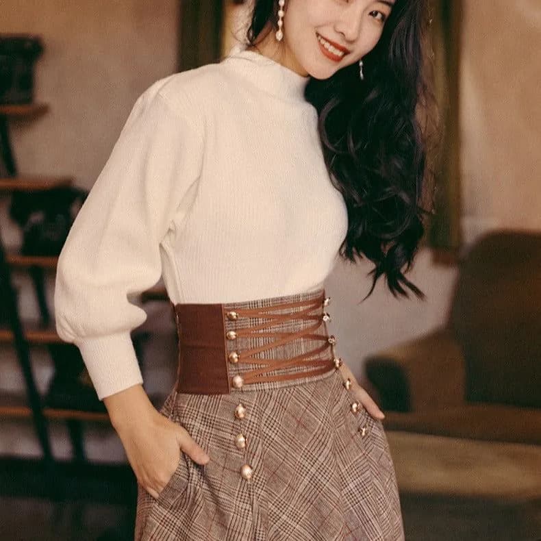 image-Women's White Lantern Sleeve Sweater & Plaid Skirt Two-Piece Set