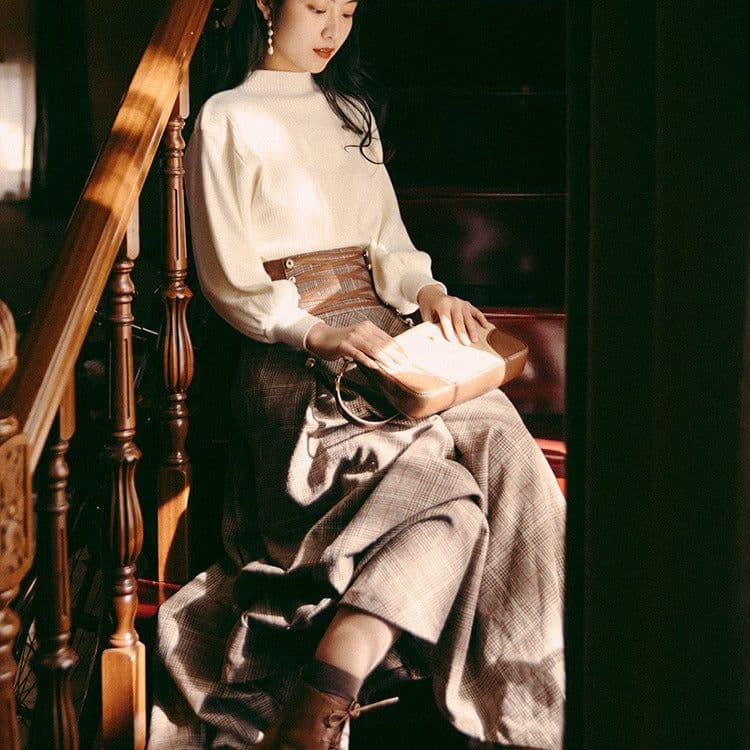 image-Women's White Lantern Sleeve Sweater & Plaid Skirt Two-Piece Set
