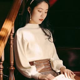 image-Women's White Lantern Sleeve Sweater & Plaid Skirt Two-Piece Set