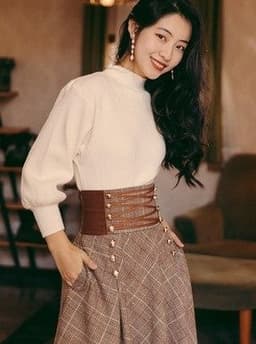 image-Women's White Lantern Sleeve Sweater & Plaid Skirt Two-Piece Set