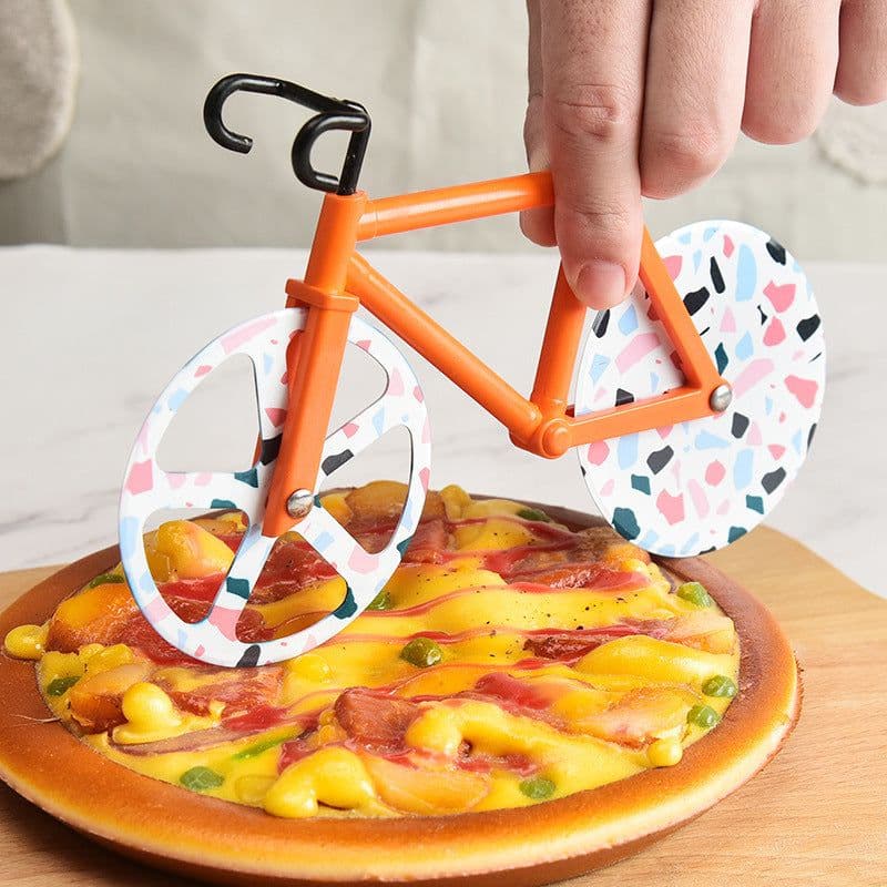 image-Bicycle Pizza Cutter Stainless Steel Roller Cake Cutter Rose Gold