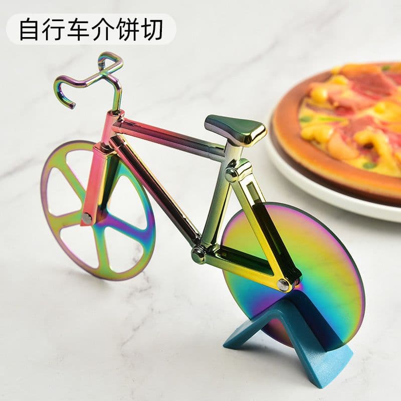 image-Bicycle Pizza Cutter Stainless Steel Roller Cake Cutter Rose Gold