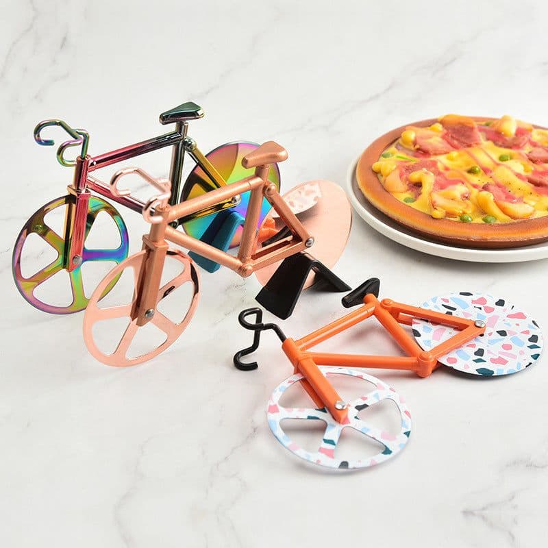 image-Bicycle Pizza Cutter Stainless Steel Roller Cake Cutter Rose Gold