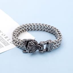 image-Viking Wolf Head Double-Layer Stainless Steel Bracelet for Men