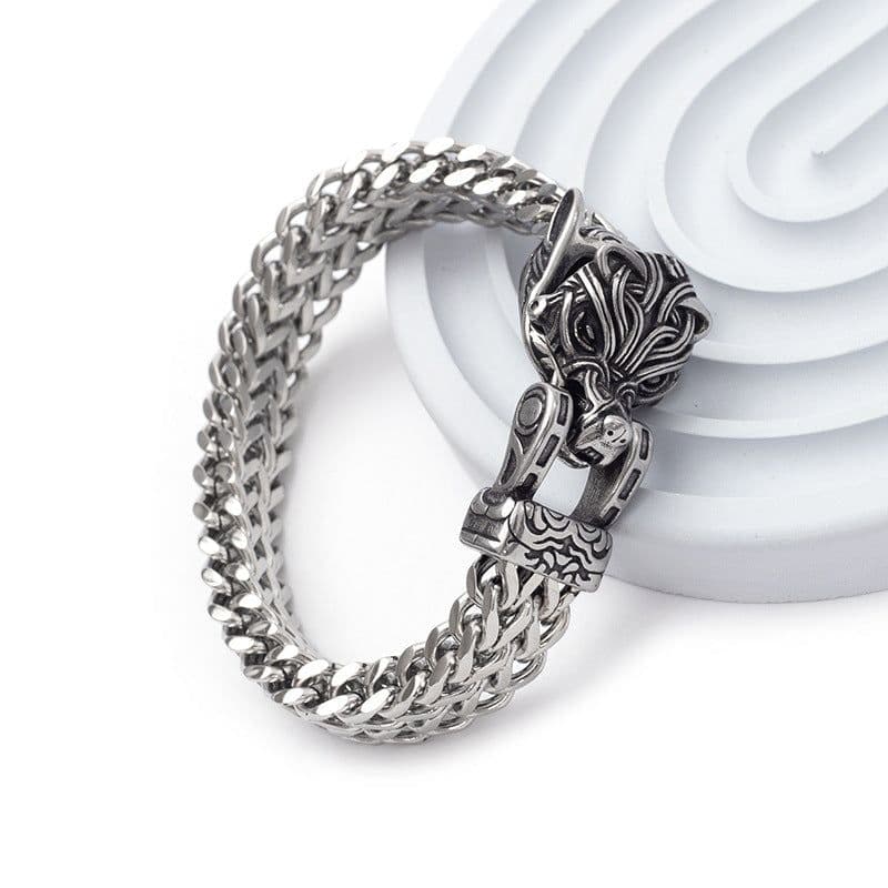 image-Viking Wolf Head Double-Layer Stainless Steel Bracelet for Men
