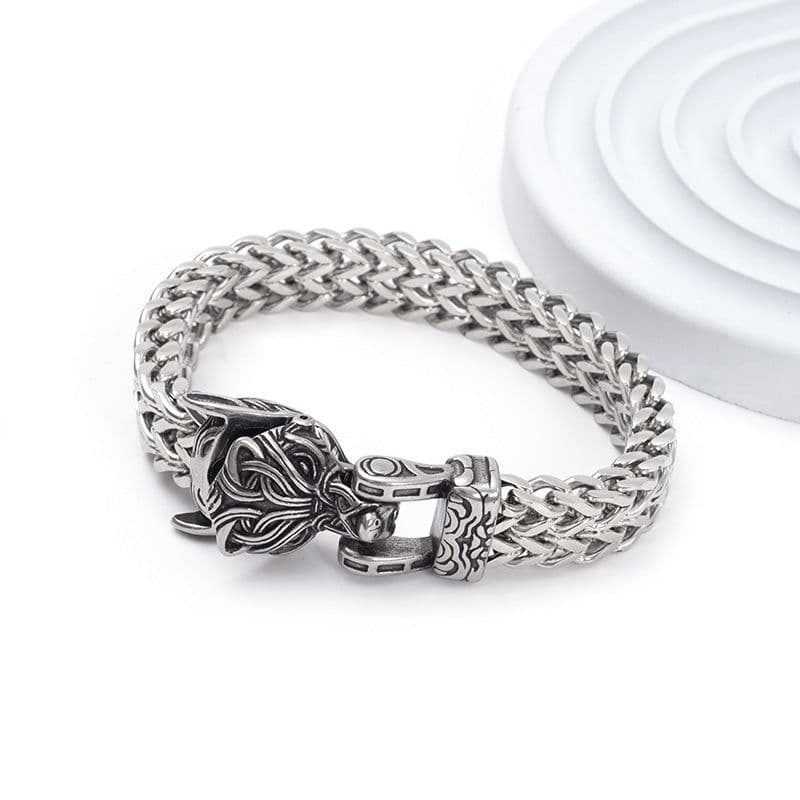 image-Viking Wolf Head Double-Layer Stainless Steel Bracelet for Men