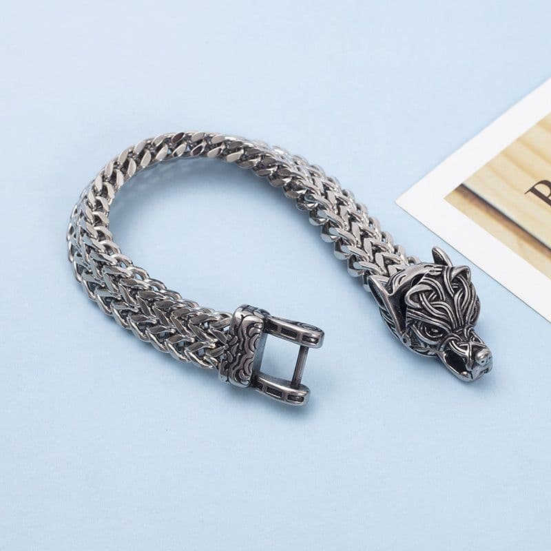 image-Viking Wolf Head Double-Layer Stainless Steel Bracelet for Men