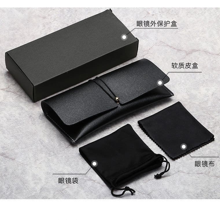 image-Leather Glasses Case with Bag and Cloth - Black 17.7cm