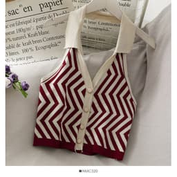 image-Women's Striped Knit Halter Vest Top - Button Front Sleeveless Blouse