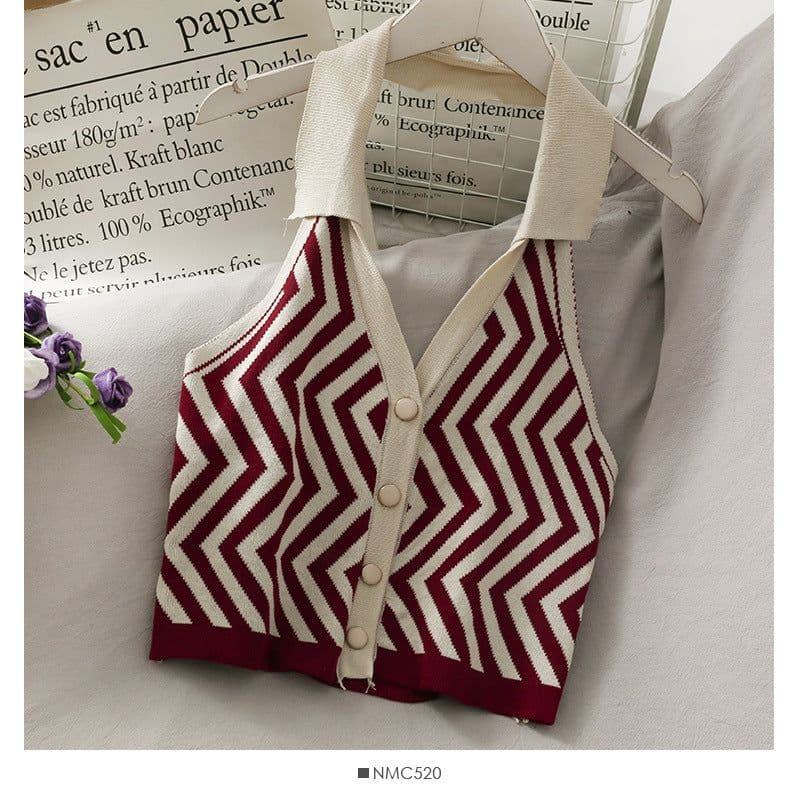 image-Women's Striped Knit Halter Vest Top - Button Front Sleeveless Blouse