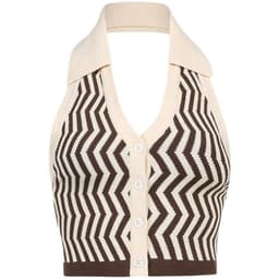 image-Women's Striped Knit Halter Vest Top - Button Front Sleeveless Blouse