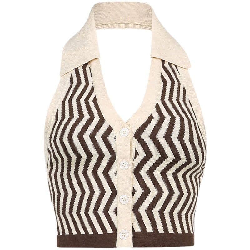 image-Women's Striped Knit Halter Vest Top - Button Front Sleeveless Blouse