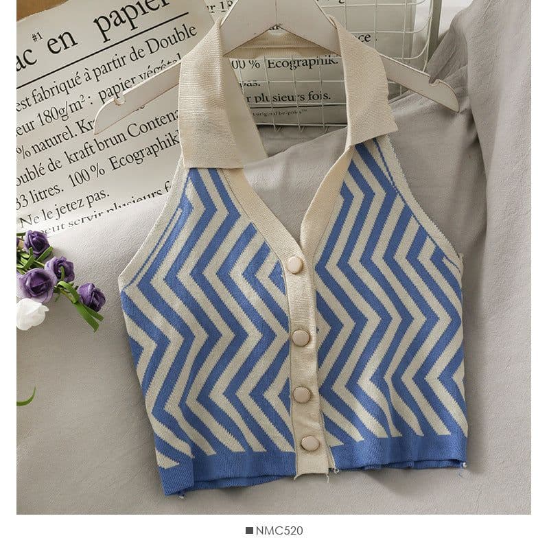 image-Women's Striped Knit Halter Vest Top - Button Front Sleeveless Blouse