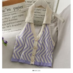 image-Women's Striped Knit Halter Vest Top - Button Front Sleeveless Blouse