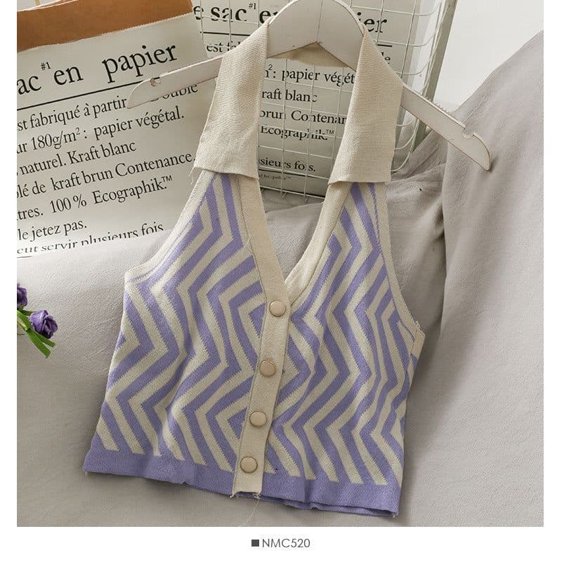 image-Women's Striped Knit Halter Vest Top - Button Front Sleeveless Blouse