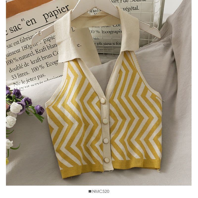 image-Women's Striped Knit Halter Vest Top - Button Front Sleeveless Blouse