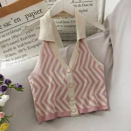 image-Women's Striped Knit Halter Vest Top - Button Front Sleeveless Blouse