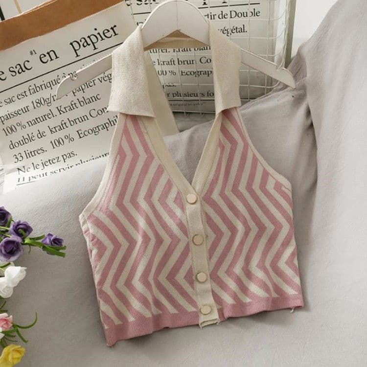 image-Women's Striped Knit Halter Vest Top - Button Front Sleeveless Blouse