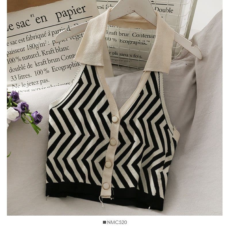 image-Women's Striped Knit Halter Vest Top - Button Front Sleeveless Blouse