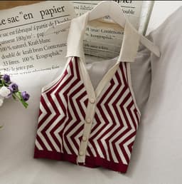 image-Women's Striped Knit Halter Vest Top - Button Front Sleeveless Blouse