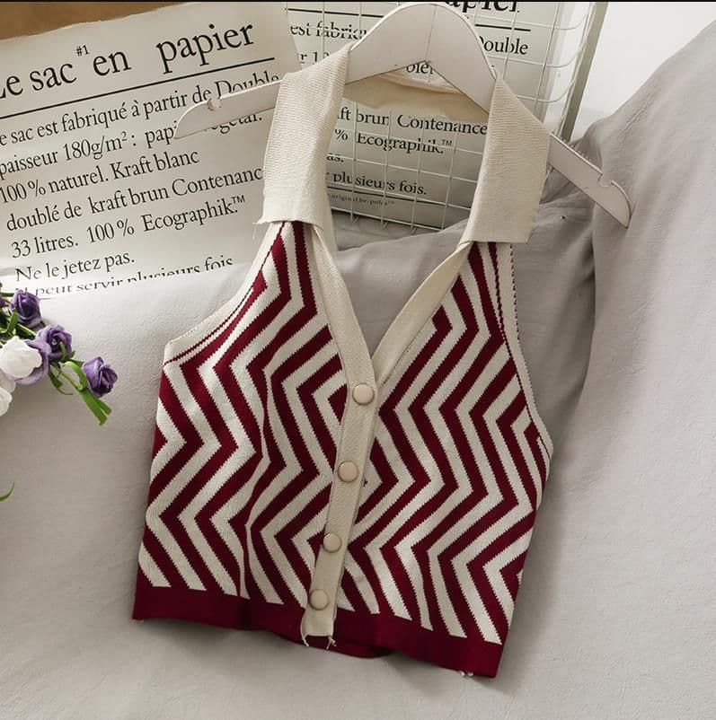 image-Women's Striped Knit Halter Vest Top - Button Front Sleeveless Blouse