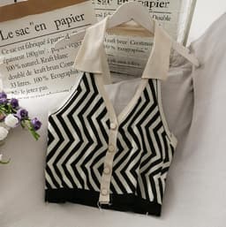 image-Women's Striped Knit Halter Vest Top - Button Front Sleeveless Blouse