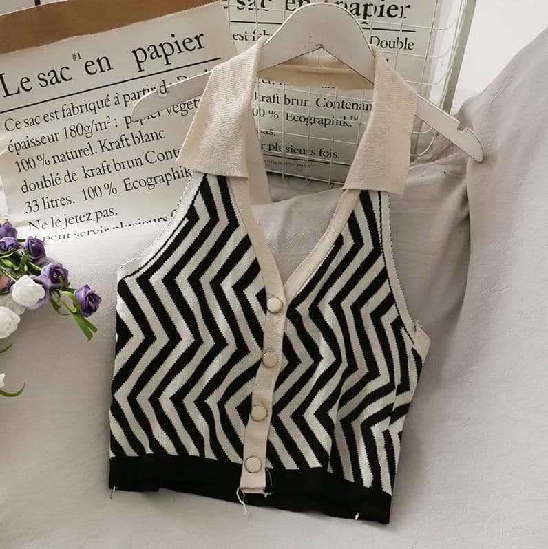 image-Women's Striped Knit Halter Vest Top - Button Front Sleeveless Blouse