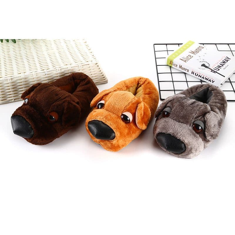 image-Big Head Dog Plush Slippers - Warm Animal Cartoon Home Shoes