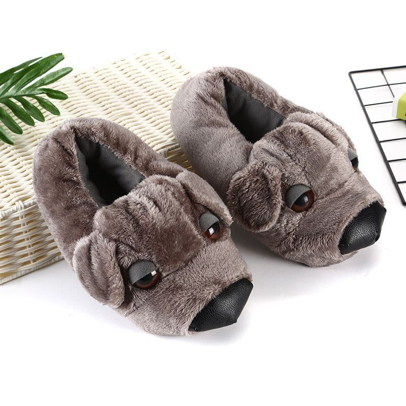 image-Big Head Dog Plush Slippers - Warm Animal Cartoon Home Shoes
