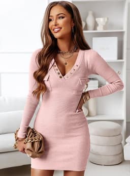 image-Ribbed Knit Bodycon Dress Long Sleeve V-Neck Button Front Mini