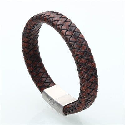 image-Braided Leather Bracelet Men's Brown Cowhide Stainless Steel Buckle
