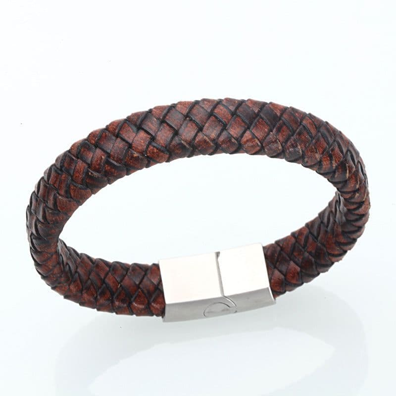 image-Braided Leather Bracelet Men's Brown Cowhide Stainless Steel Buckle