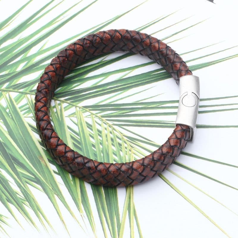 image-Braided Leather Bracelet Men's Brown Cowhide Stainless Steel Buckle