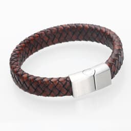 image-Braided Leather Bracelet Men's Brown Cowhide Stainless Steel Buckle