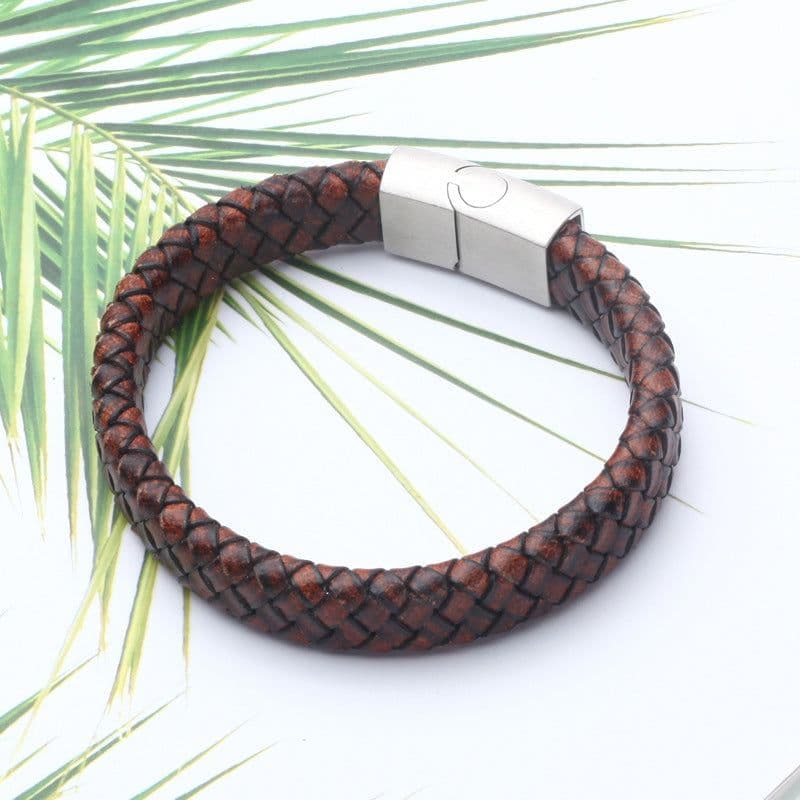 image-Braided Leather Bracelet Men's Brown Cowhide Stainless Steel Buckle
