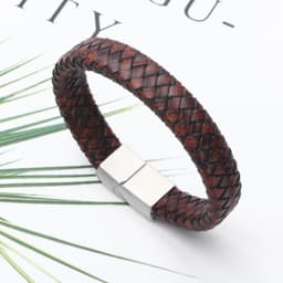 image-Braided Leather Bracelet Men's Brown Cowhide Stainless Steel Buckle