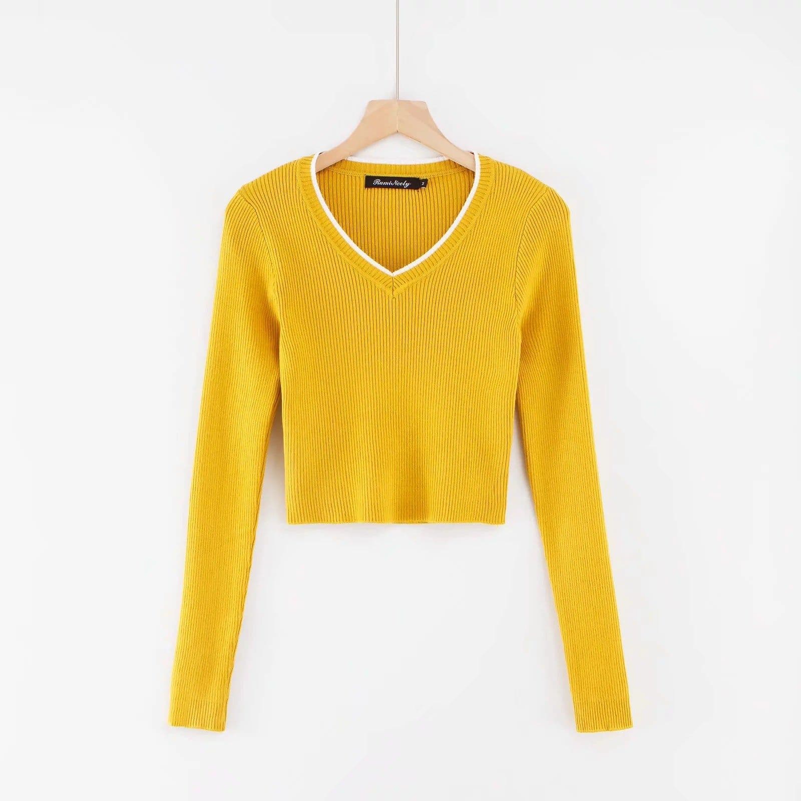 image-Women's Solid Color V-Neck Slim Fit Knitted Sweater STUDC0825