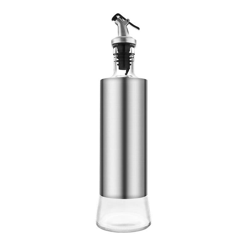 image-Glass Oil Dispenser Bottle with Stainless Steel Sleeve and Funnel