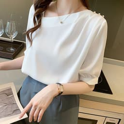 image-Women's Chiffon Shirt Short Sleeve Slanted Collar Summer Top