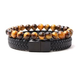 image-Tiger Eye Stone Beaded Bracelet with Black Leather Magnetic Buckle