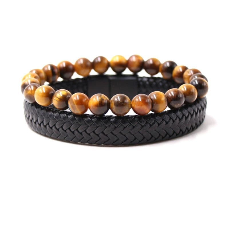 image-Tiger Eye Stone Beaded Bracelet with Black Leather Magnetic Buckle