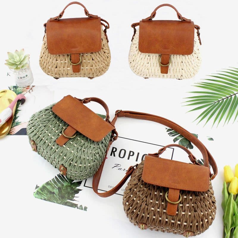 image-Women's Retro Straw Woven Beach Messenger Bag Small Oval Rattan