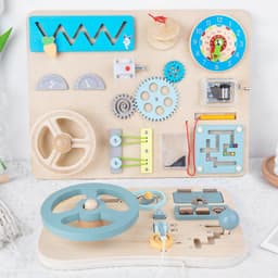 image-Wooden Car Busy Board Toy with Music Steering Wheel for Infants