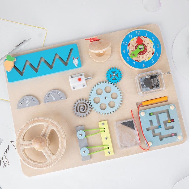 image-Wooden Car Busy Board Toy with Music Steering Wheel for Infants