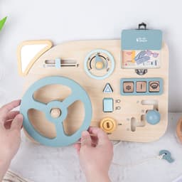 image-Wooden Car Busy Board Toy with Music Steering Wheel for Infants