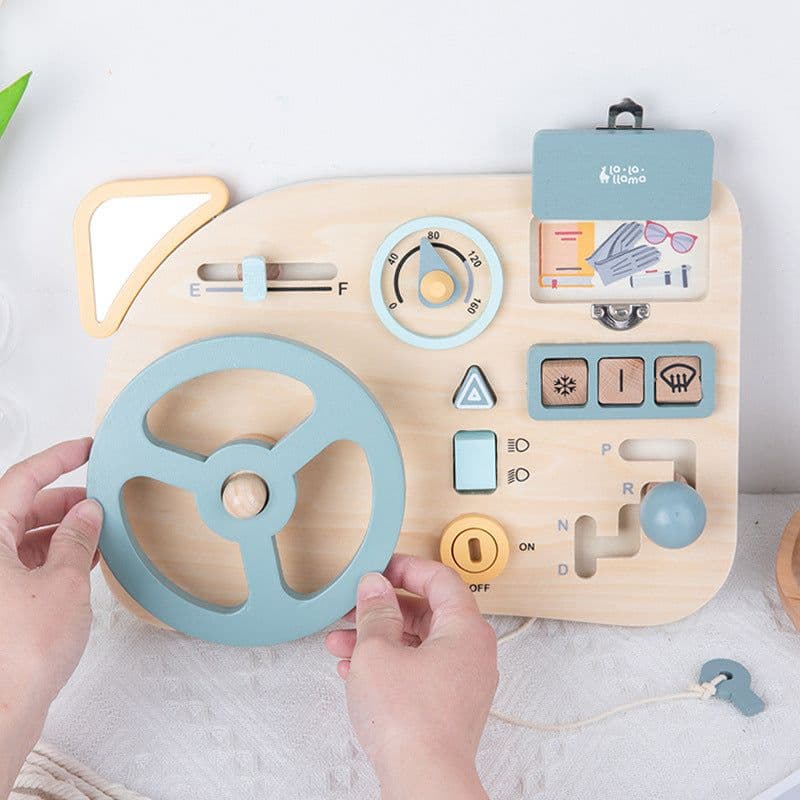 image-Wooden Car Busy Board Toy with Music Steering Wheel for Infants