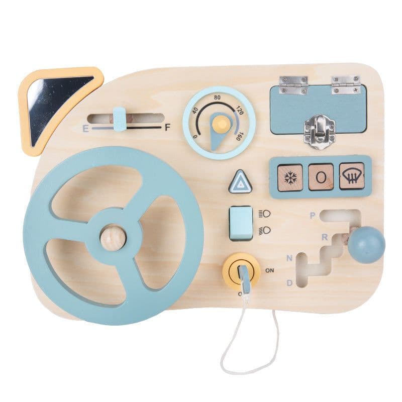 image-Wooden Car Busy Board Toy with Music Steering Wheel for Infants