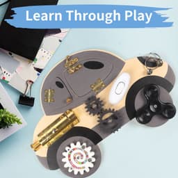 image-Wooden Car Busy Board Toy with Music Steering Wheel for Infants