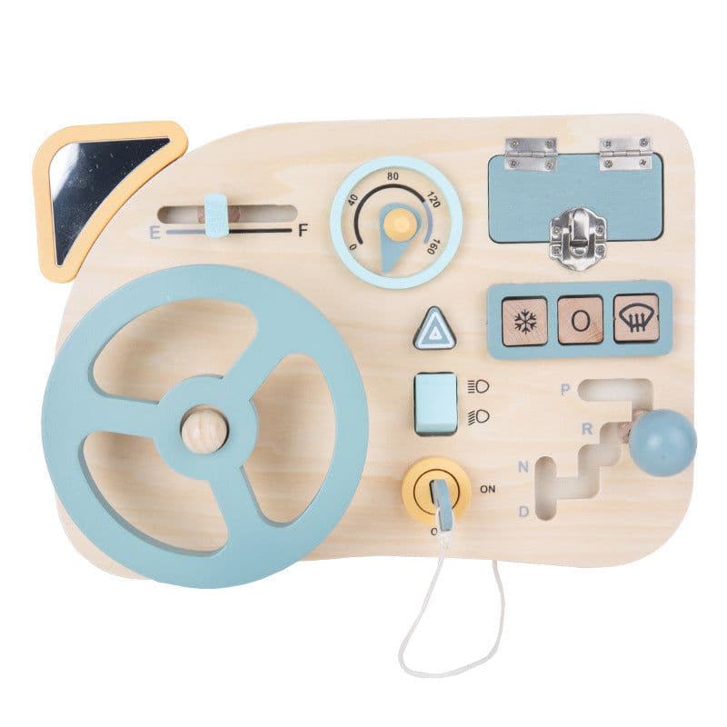 image-Wooden Car Busy Board Toy with Music Steering Wheel for Infants