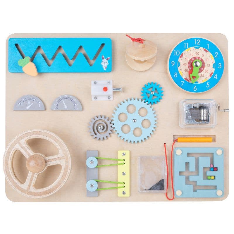 image-Wooden Car Busy Board Toy with Music Steering Wheel for Infants